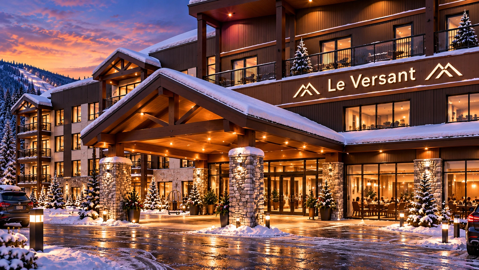Arrivée du Versant au crépuscule en hiver : porte-cochère de bois et de pierre, halls et restaurant illuminés